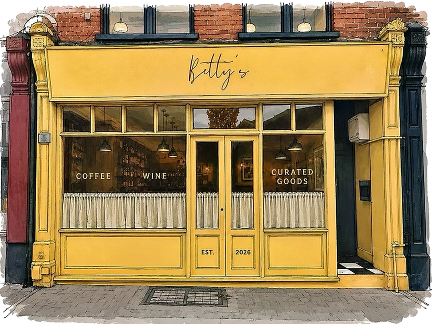 Illustration of the Betty's shopfront on Plaistow Lane: a yellow frontage reading Betty's, Coffee, Wine, Curated Goods, established 2026